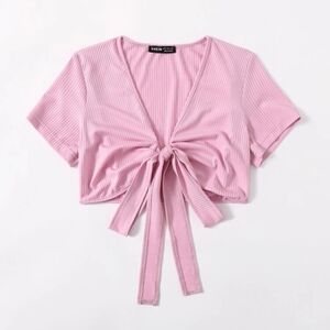 SHEIN Pink Tie Front Solid Rib-Knit Crop Top Size Women's Small 4
